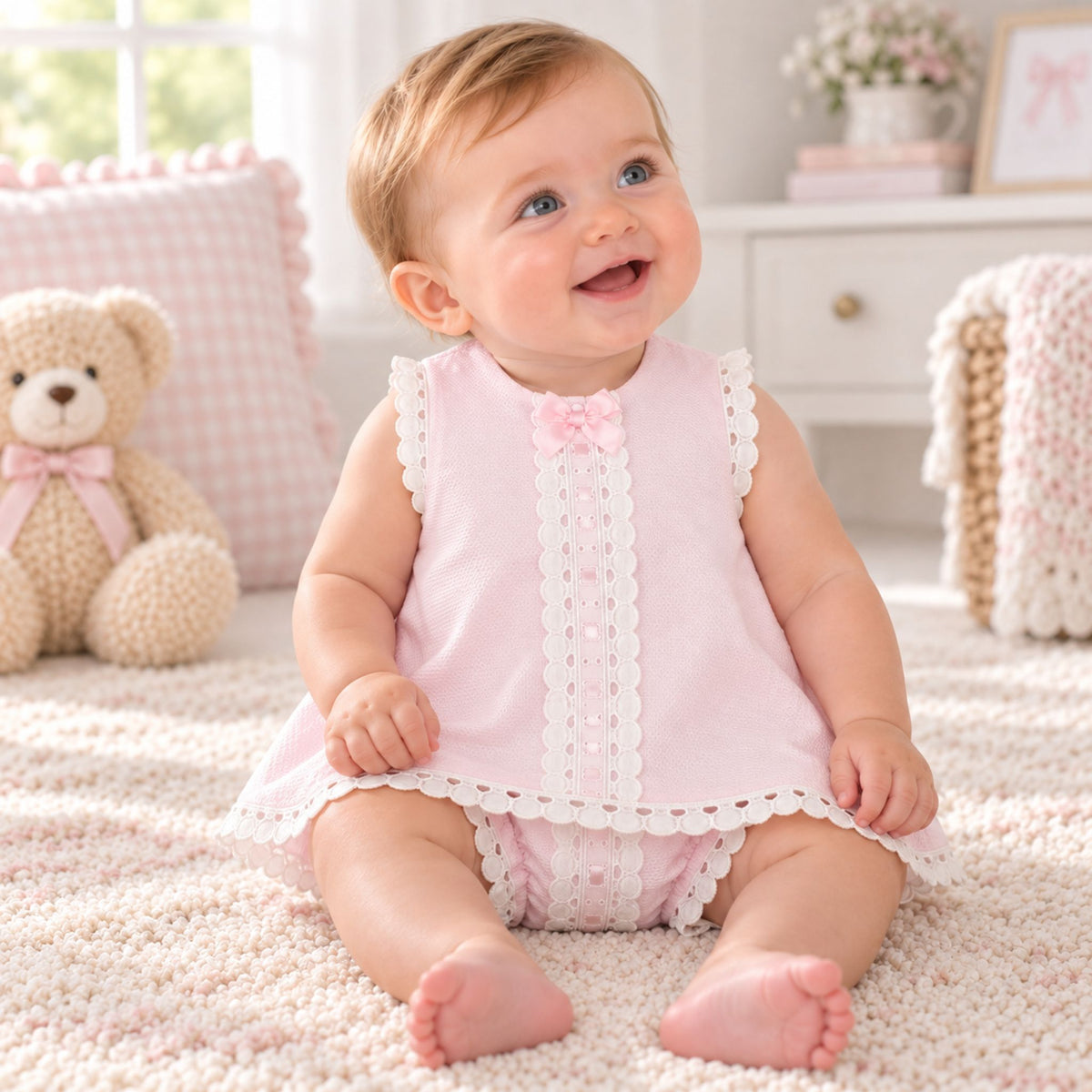 baby girl pink ress with bow, lace and bloomers