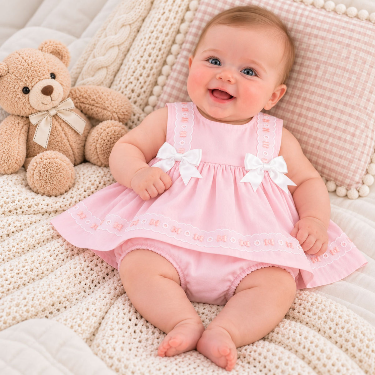 A baby girl wearing a pink sleeveless romper with white bow details sits on a cream knit blanket next to a teddy bear and a pink check pillow.