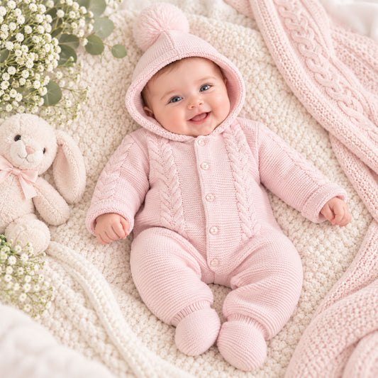 baby girl pink knitted pram suit by dandelion