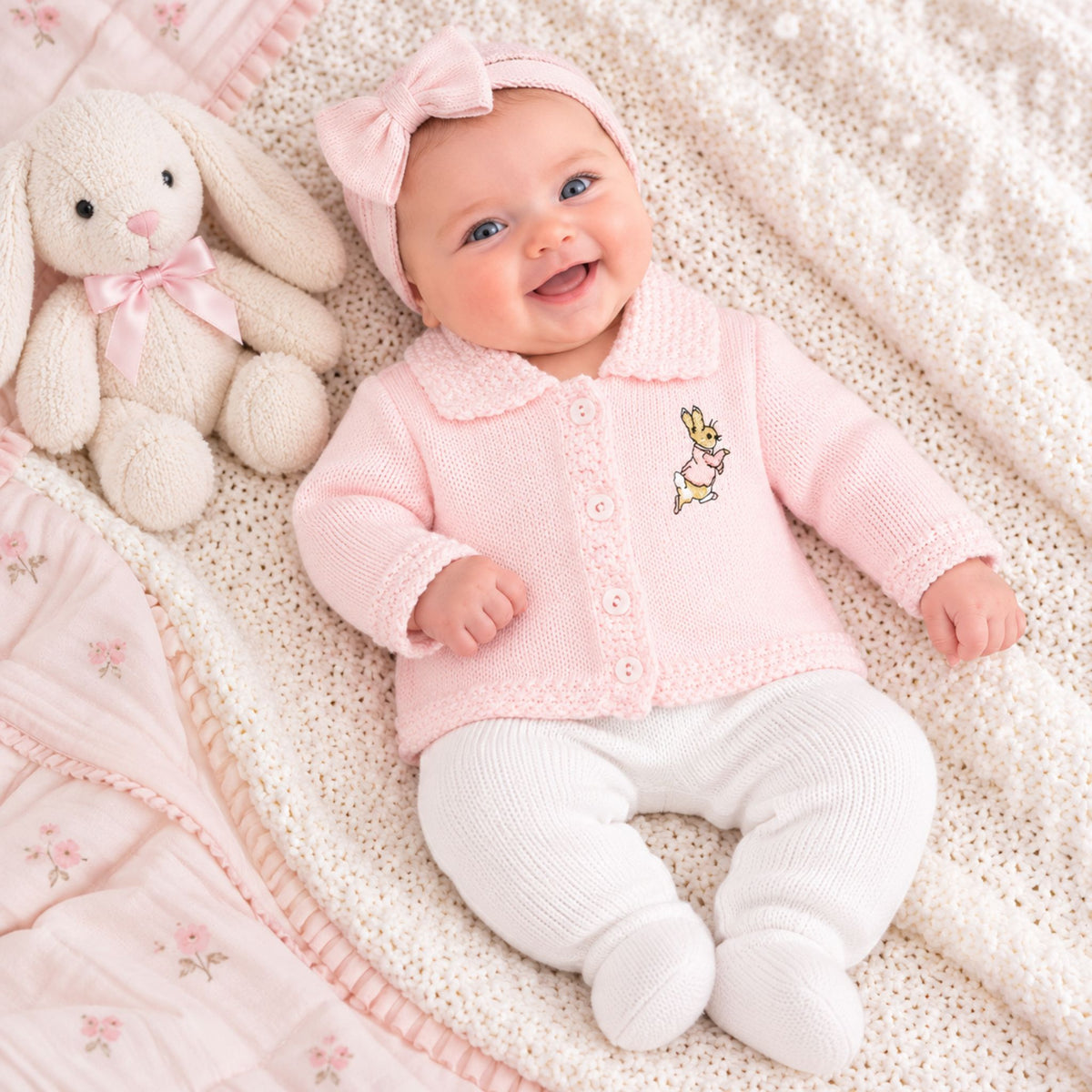 Baby Girl Cardigan – Pink with Rabbit Embroidery