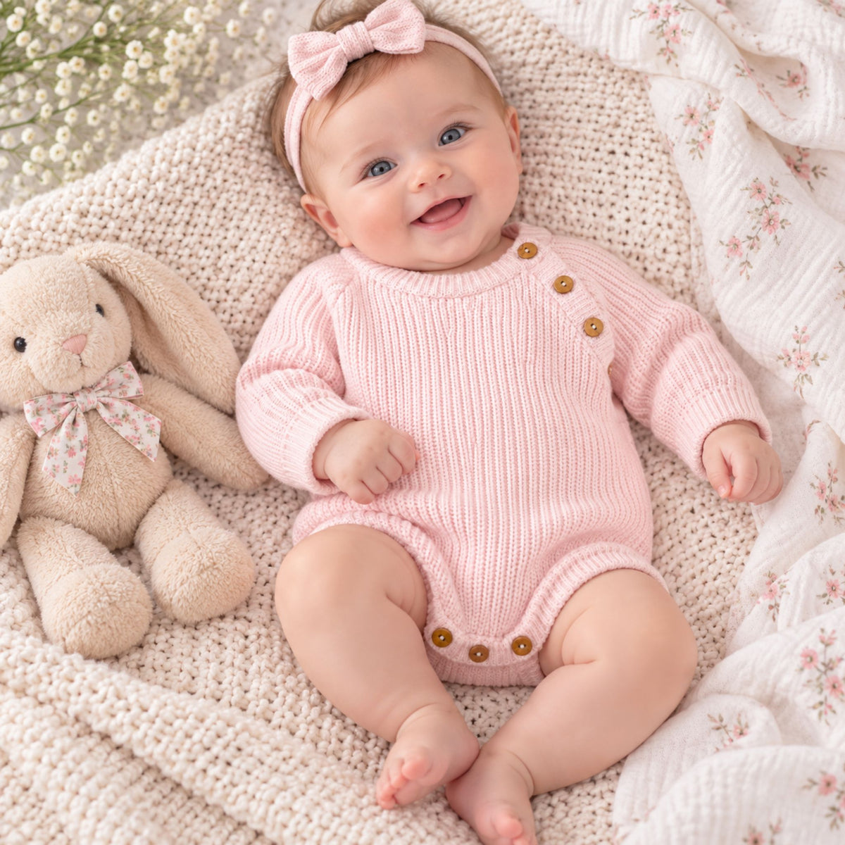 Baby Girls Pink Knitted Baby Romper – Dandelion