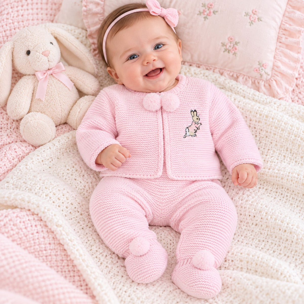 baby girl pink knitted pram suit by dandelion with rabbit