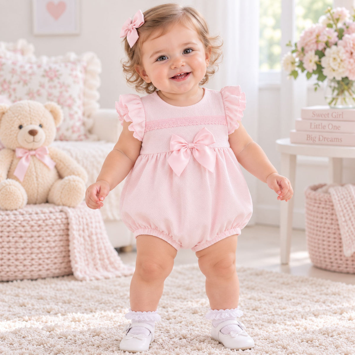 A smiling toddler girl wearing a light pink ruffle-sleeve romper with a large bow on the chest, standing in a soft, decorated nursery room.