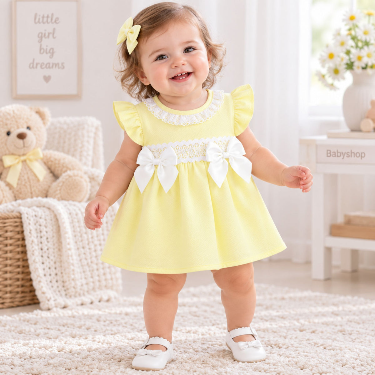 A toddler girl wearing a pale yellow dress with white lace trim, ruffled sleeves, and two large white bows on the chest, standing in a bright nursery-like room with a teddy bear, framed wall art, and a small table in the background.