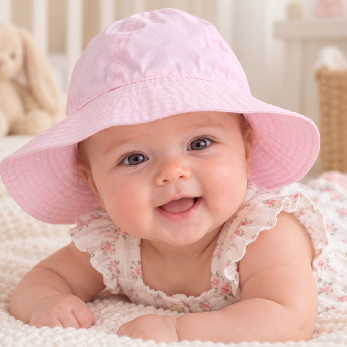 A smiling baby lying on a soft blanket, wearing a light pink wide-brim sun hat and a matching floral romper.