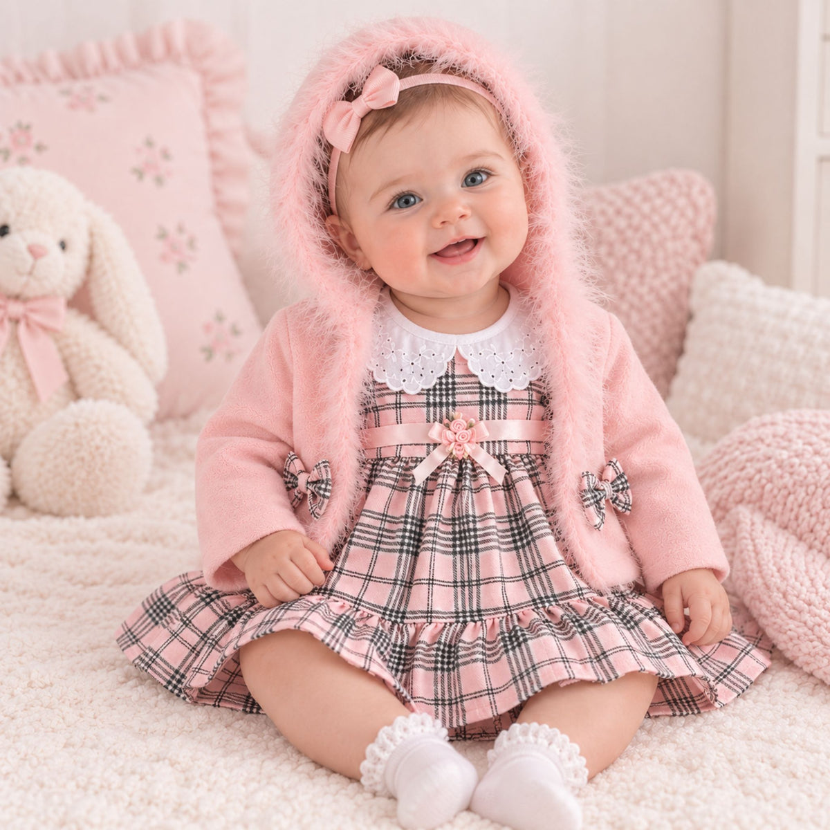 pink tartan dress with hooded jacket