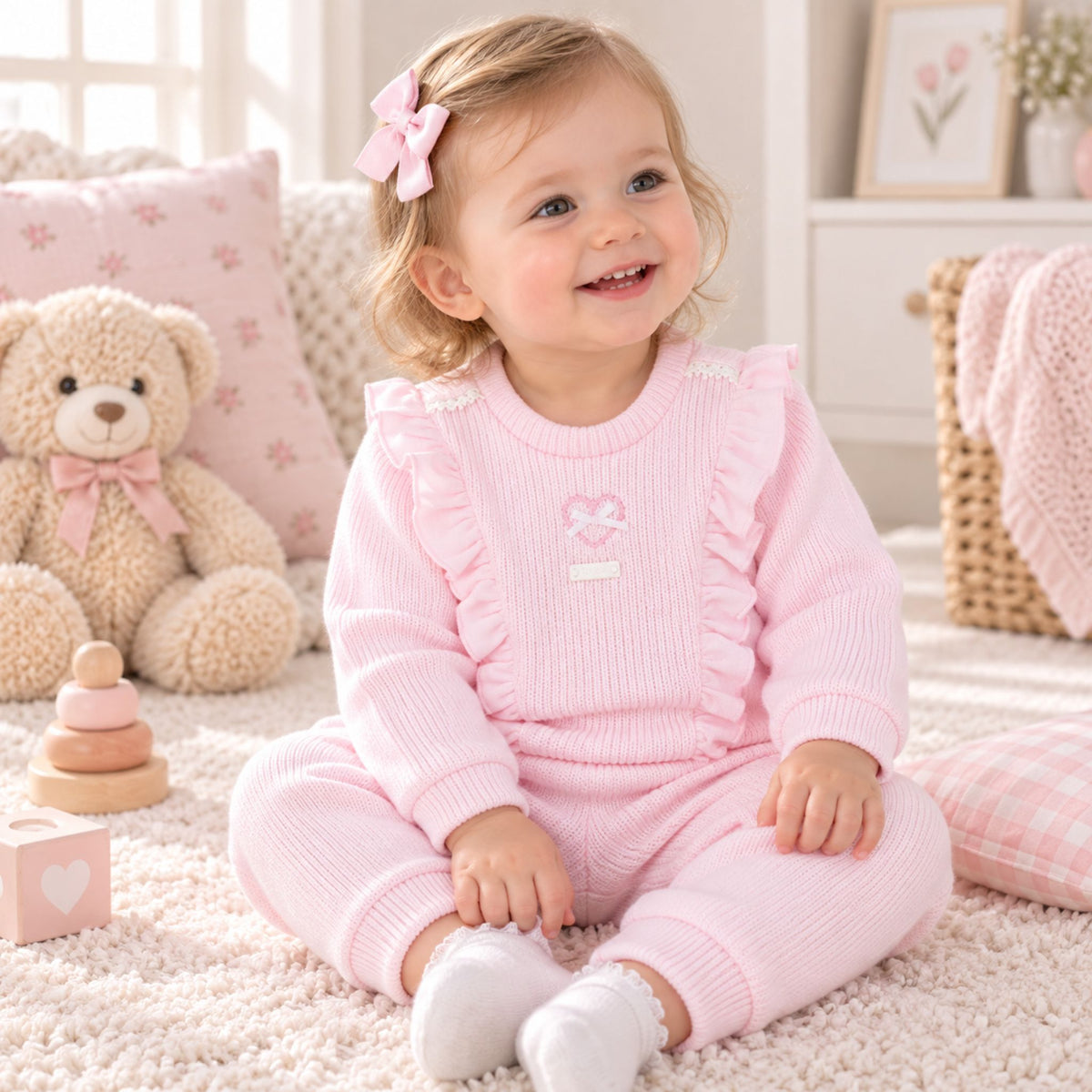 Amore Pink Knitted Baby Two-Piece Set with Heart Detail & Frills