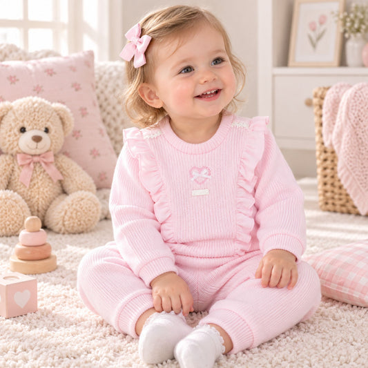 Amore Pink Knitted Baby Two-Piece Set with Heart Detail & Frills