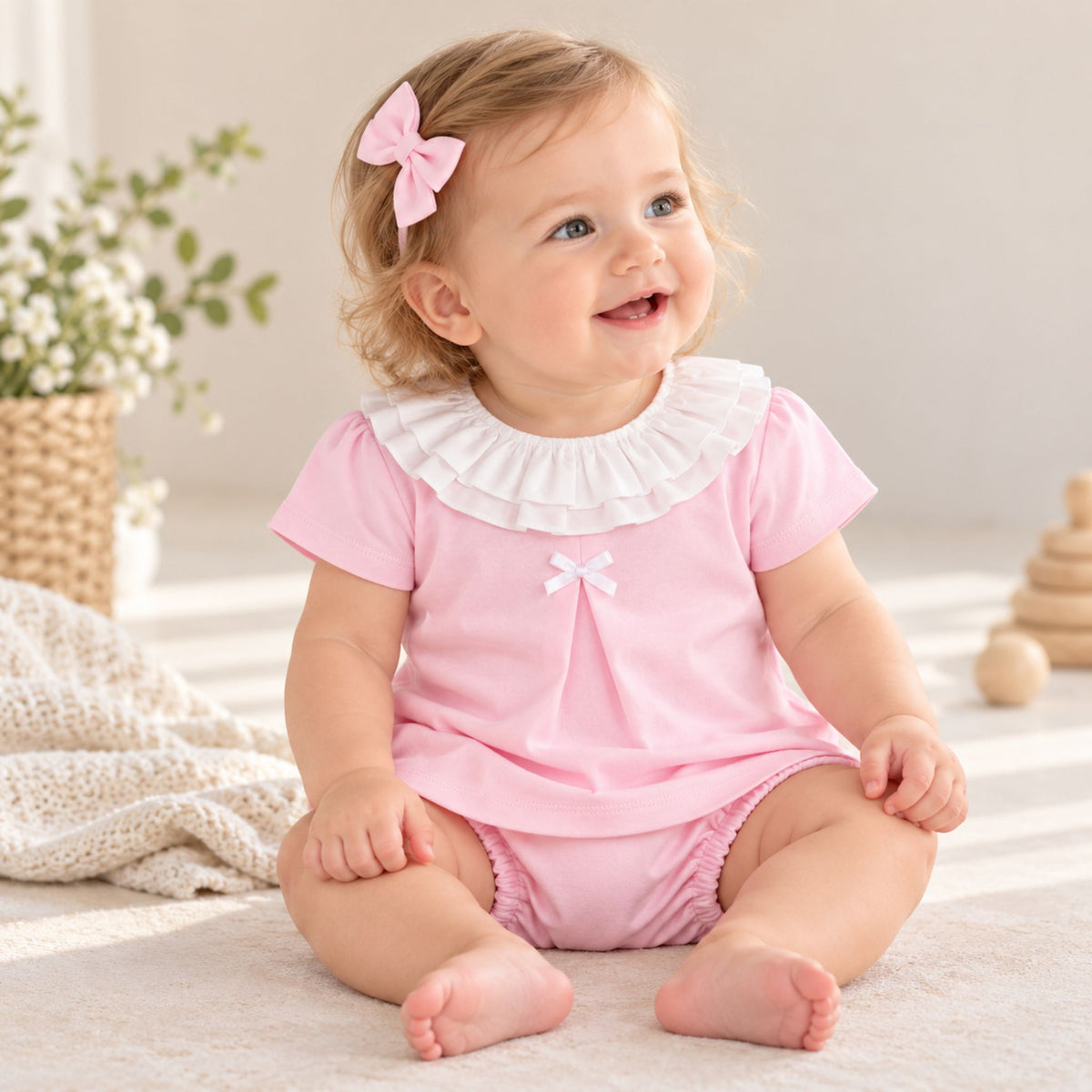 A baby girl sitting on a light beige rug wearing a pink short-sleeve romper with a white ruffled collar and a small white bow at the chest. She has a pink bow in her hair and is smiling in a bright, soft indoor setting.