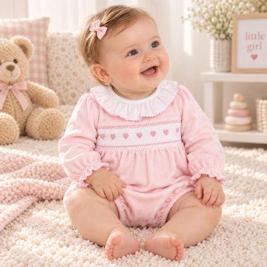 A baby girl sitting on a fluffy cream rug, wearing a pink long-sleeve romper with a white ruffled collar and embroidered pink hearts across the chest. The background features a teddy bear, a checkered pillow, and a small shelf with decorative items.