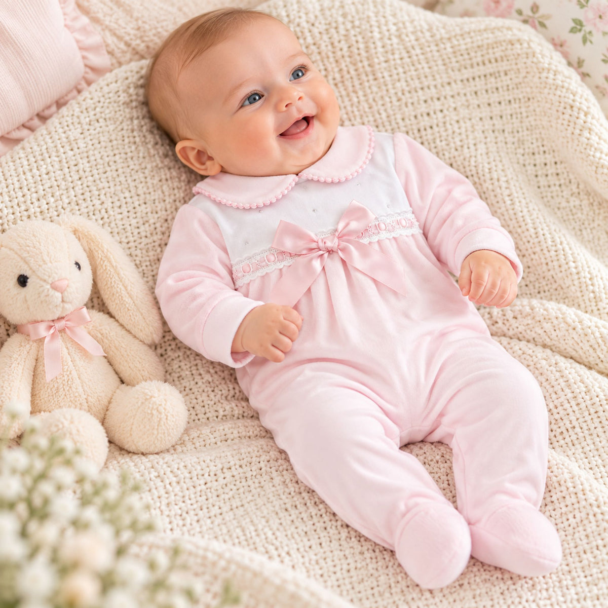 baby girl pink velour sleepsuit with bow and diamantes