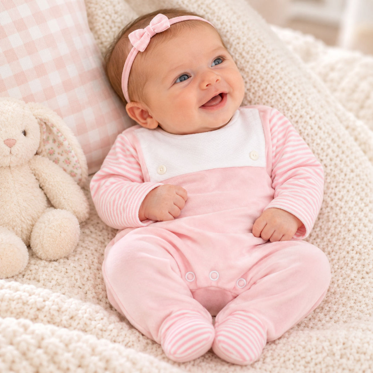 A smiling baby lying on a cream knit blanket next to a plush bunny toy, wearing a pink and white striped footed romper with a white bib panel and a pink bow headband.