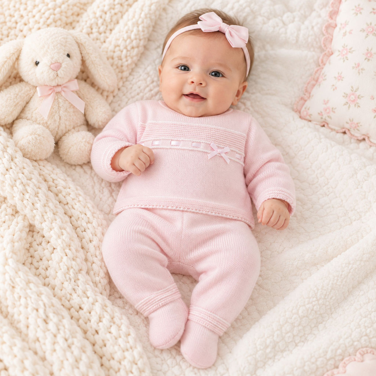 A baby wearing a light pink knit one-piece outfit with a matching pink bow headband, lying on a cream textured blanket next to a plush bunny toy.