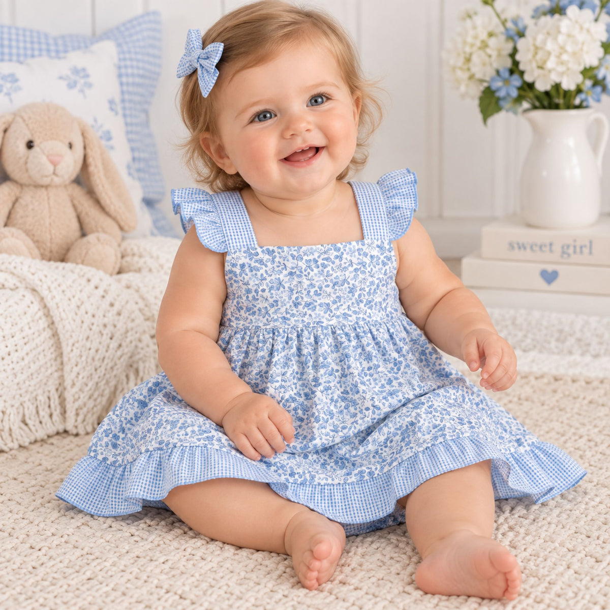 A baby girl sitting on a cream carpet wearing a blue and white gingham floral dress with ruffled shoulders and a matching blue bow in her hair. A stuffed bunny, pillows, and a vase of flowers are visible in the softly lit room background.