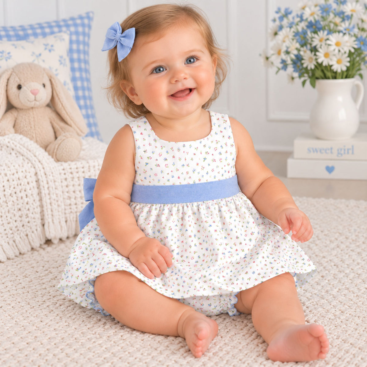 A baby girl sitting on a cream knit rug wearing a white sleeveless dress with a tiny multicolor floral print, a light blue waistband, and a matching light blue bow in her hair. The background features a cozy room setting with a plush bunny, a blue-and-white checkered pillow, and a white flower vase.