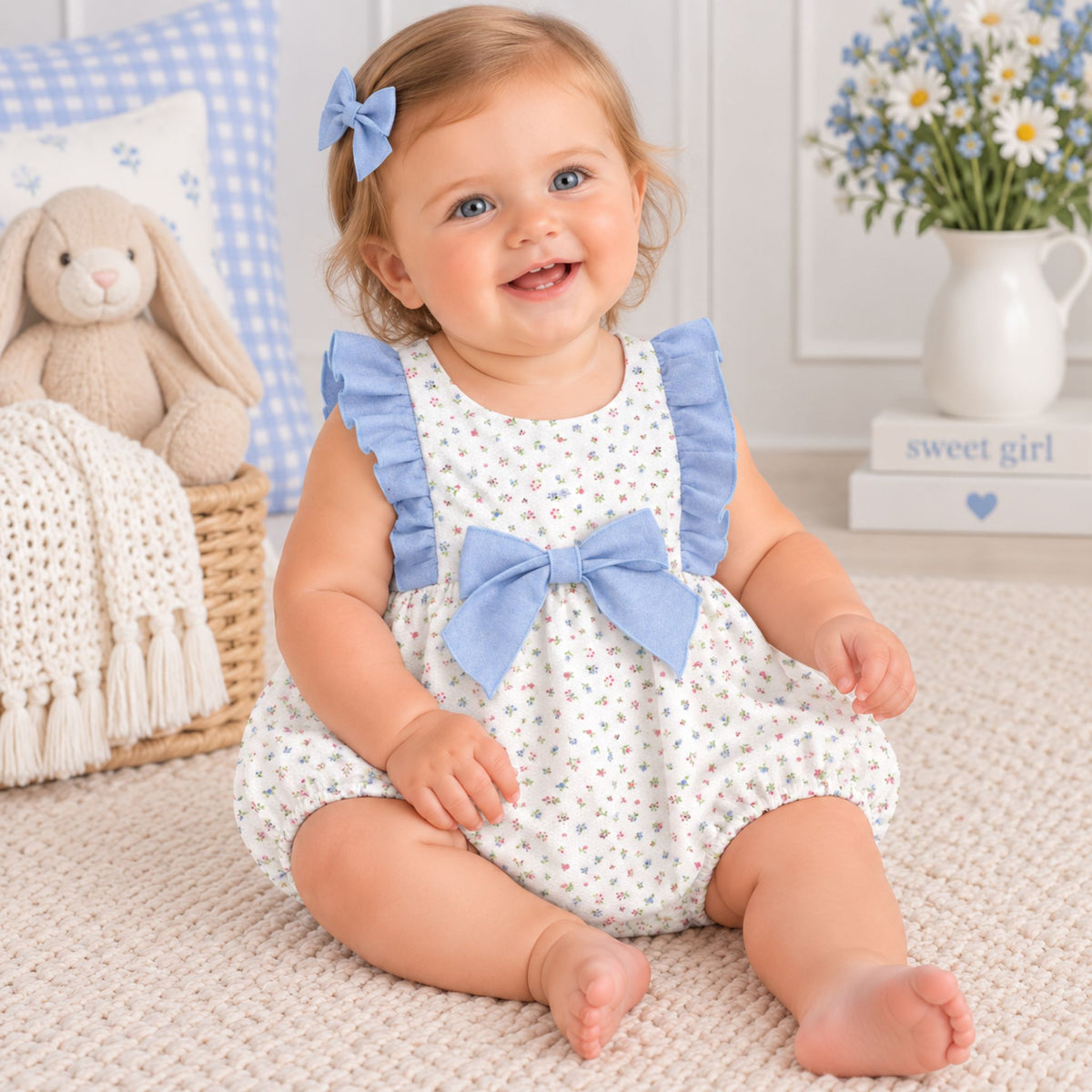 A baby girl sitting on a textured cream rug, wearing a white romper with a tiny floral print, light blue ruffle straps, and a large light blue bow on the chest. She has a matching light blue bow in her hair.