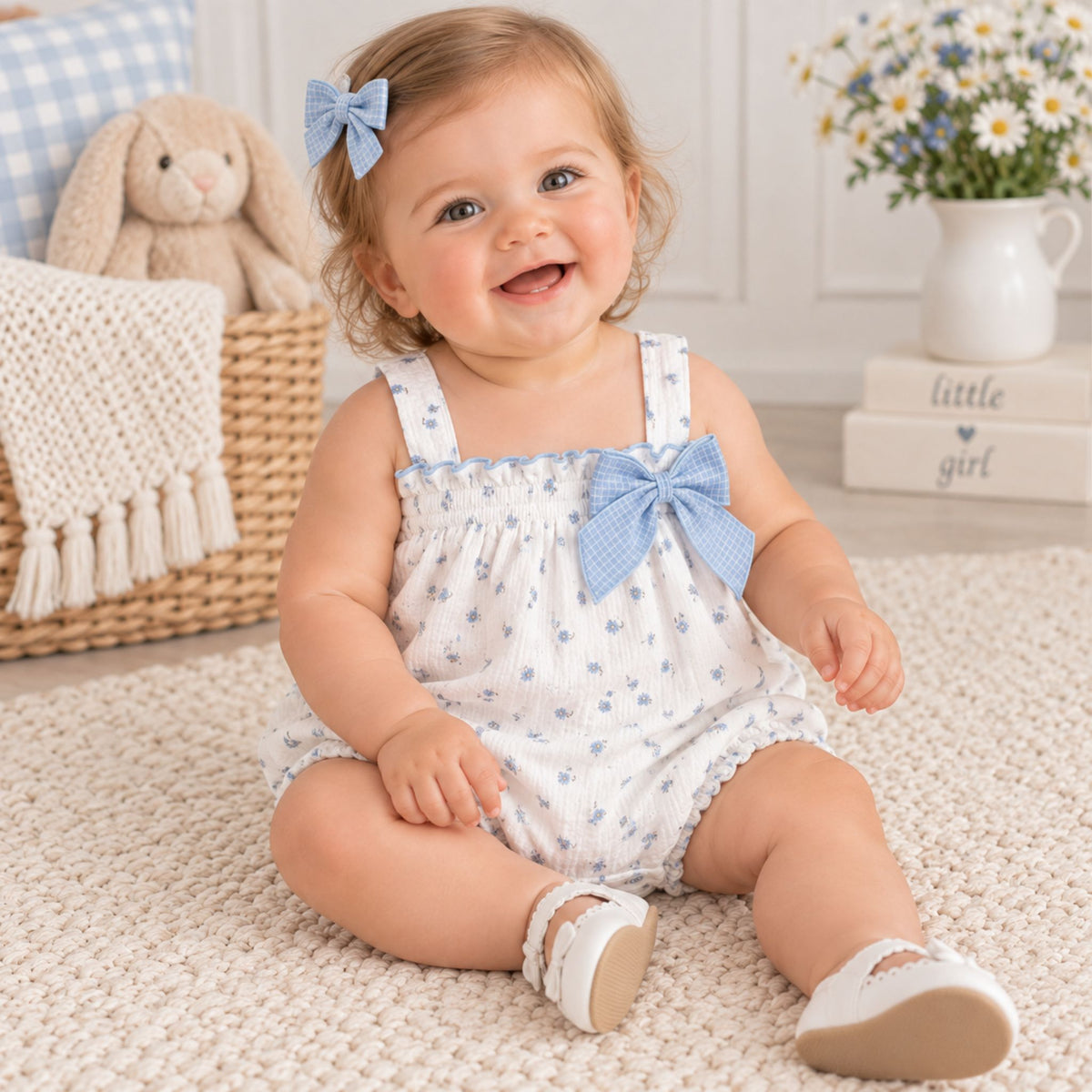 A baby girl sitting on a cream rug wearing a white and light blue patterned romper with a large blue bow on the chest, styled in a cozy nursery setting.