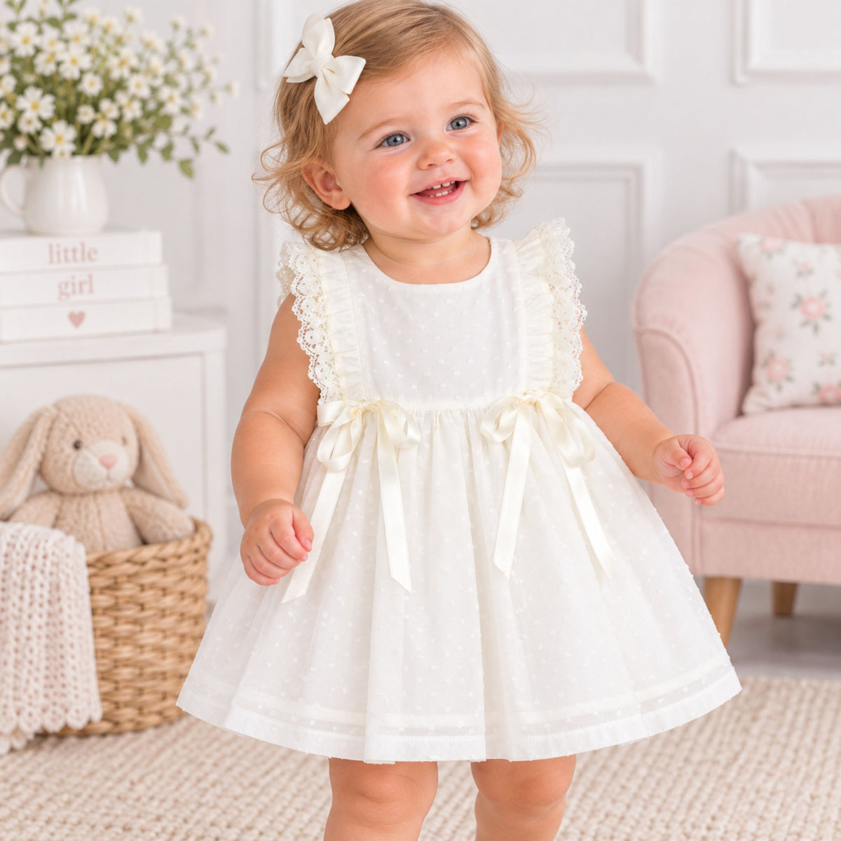 A toddler girl wearing a sleeveless white dress with lace ruffle shoulders, a bow at the waist, and a flared skirt, standing in a bright nursery setting.
