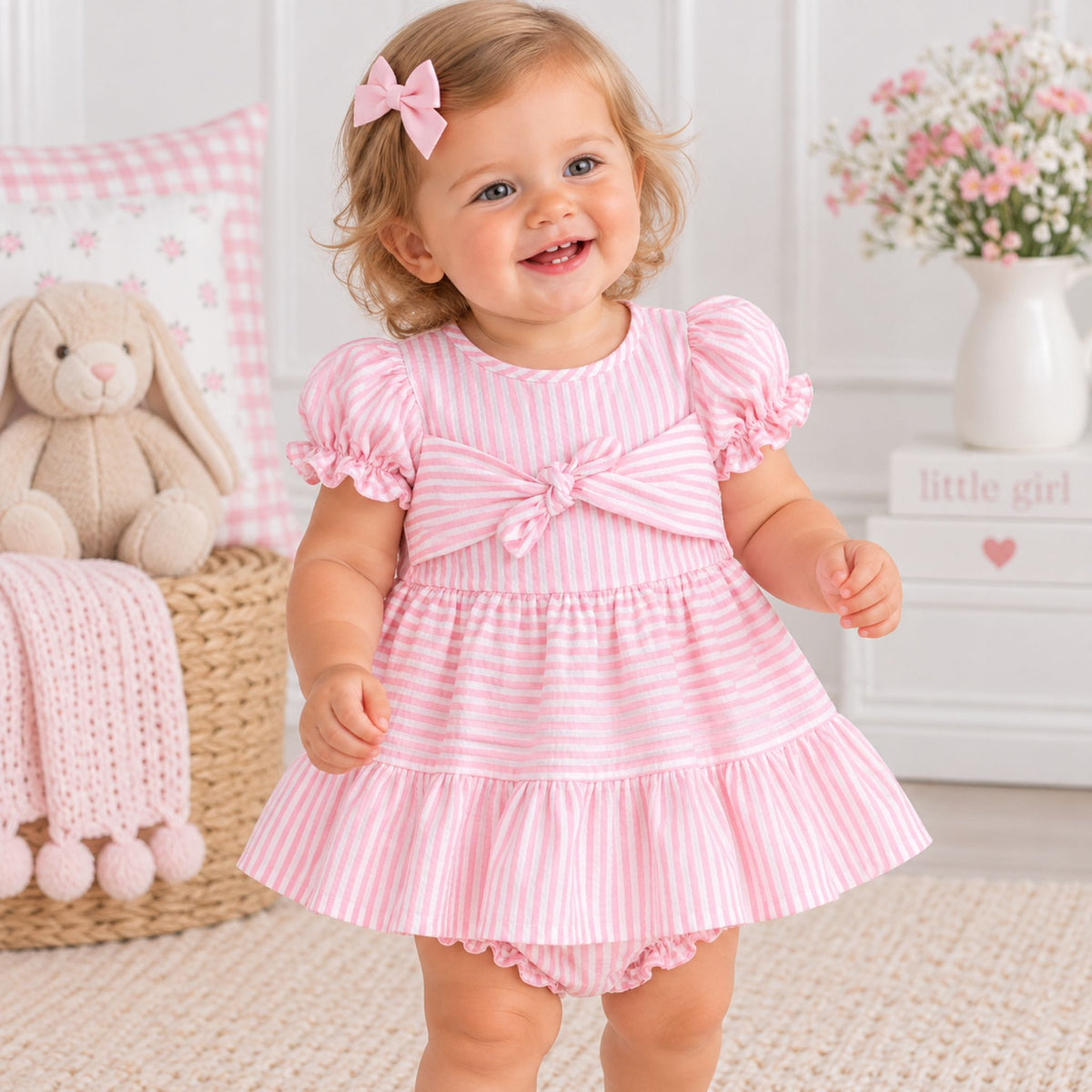 A smiling toddler girl wearing a pink and white striped tiered dress with puff sleeves and a bow on the chest, standing in a decorated nursery setting.