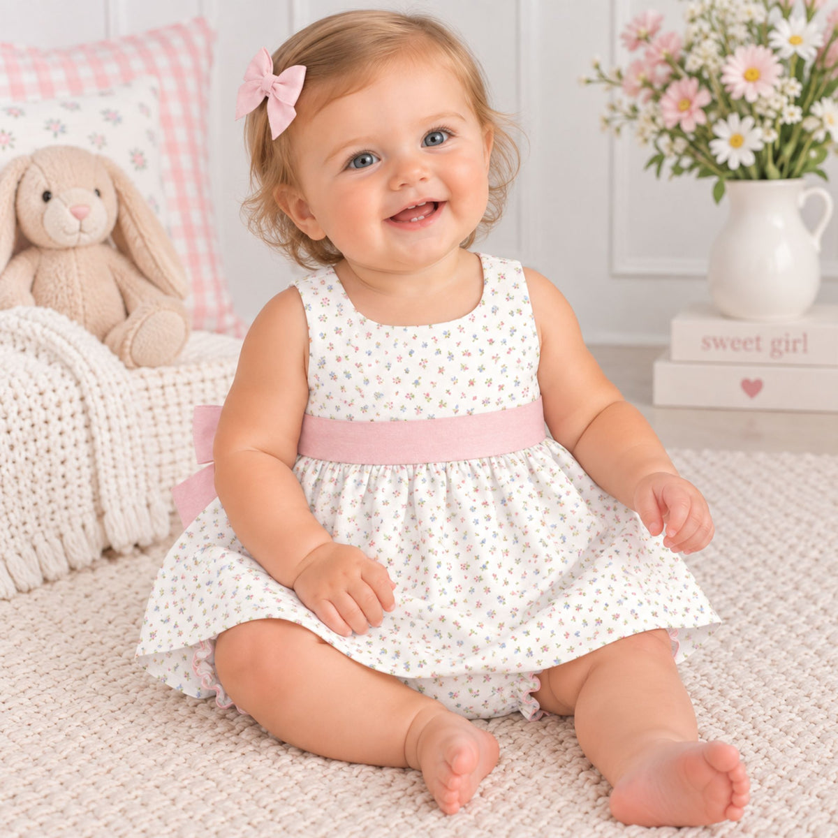 A baby girl sitting on a cream knit rug wearing a white sleeveless dress with tiny pastel floral prints, a pink waistband, and a pink bow in her hair. The background shows a cozy room setting with a plush bunny, a pink-and-white check pillow, and a white pitcher of flowers.