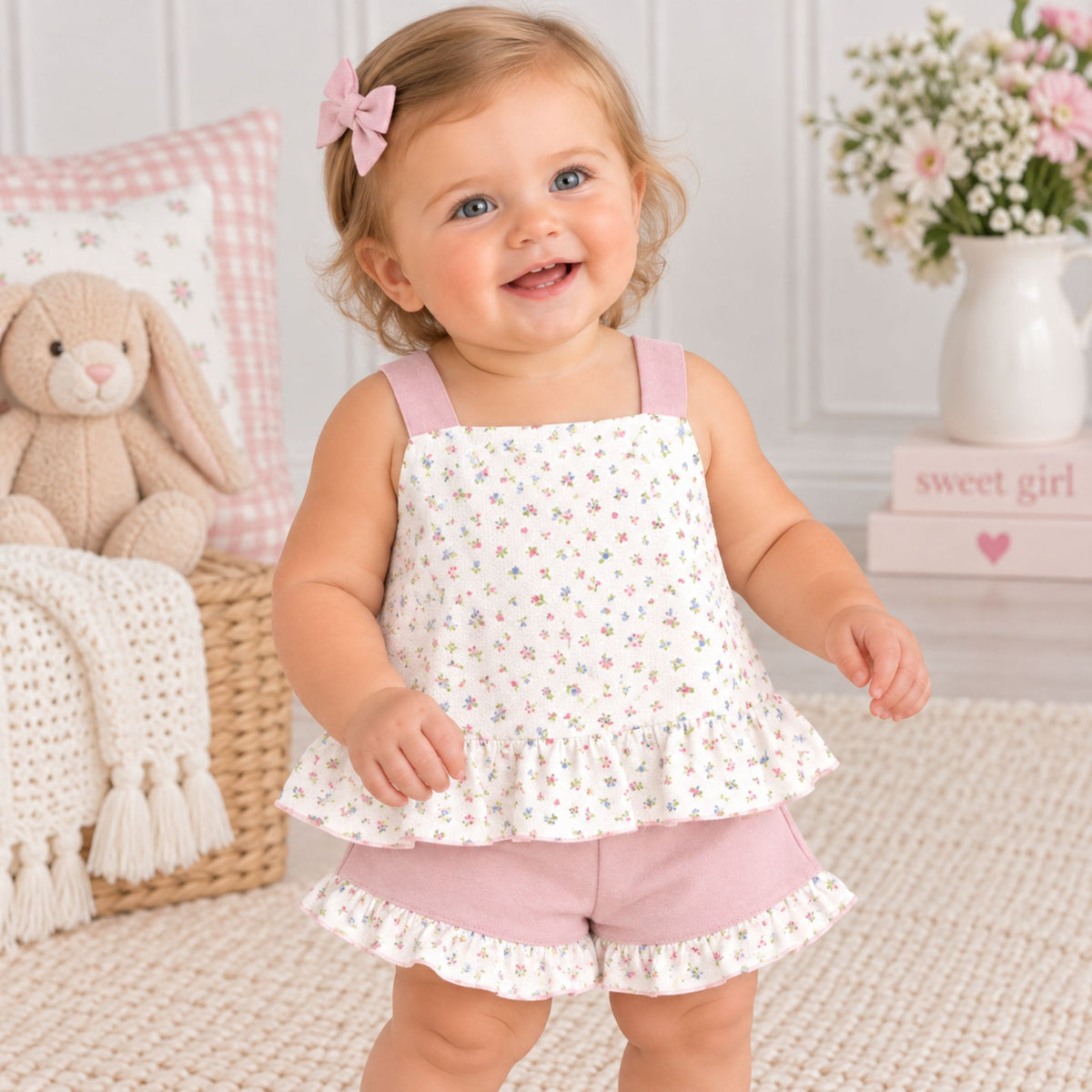 A smiling toddler girl wearing a white sleeveless romper top with a small multicolor floral print and pink ruffled trim, paired with dusty pink shorts, standing in a cozy nursery setting.