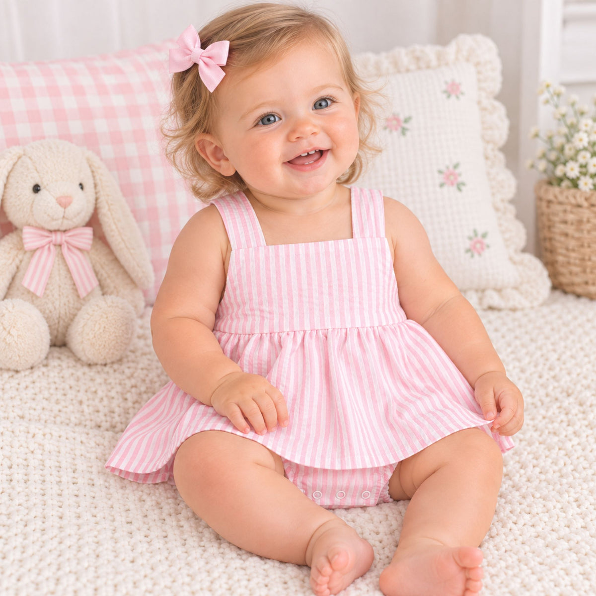 A baby girl sitting on a white knit blanket, wearing a pink and white vertically striped sleeveless romper dress with a matching bow in her hair. She is surrounded by a plush bunny toy, decorative pillows, and a small plant.