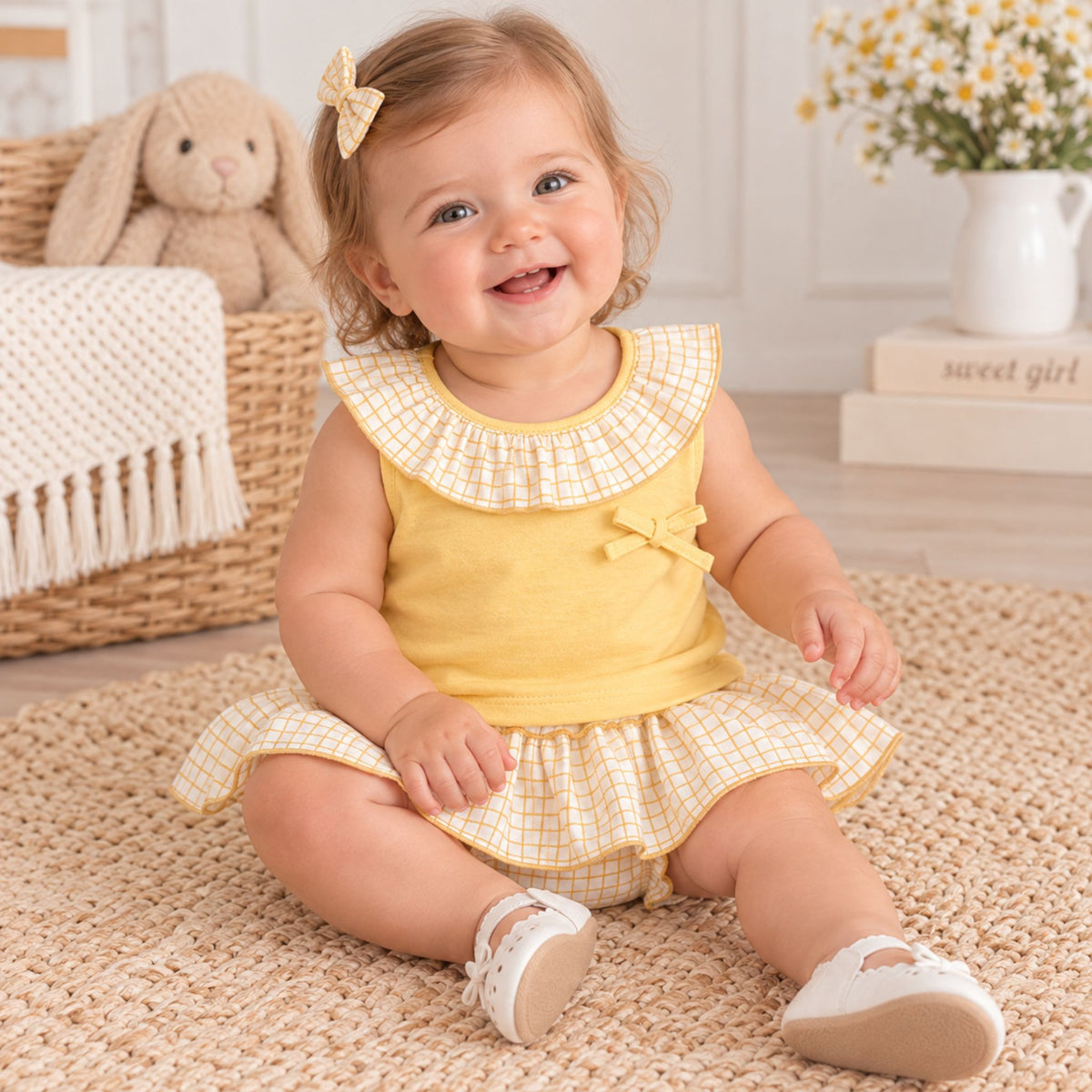 A smiling toddler girl sitting on a woven rug in a nursery, wearing a yellow sleeveless dress with a yellow-and-white gingham ruffled collar and skirt, plus a matching bow in her hair.