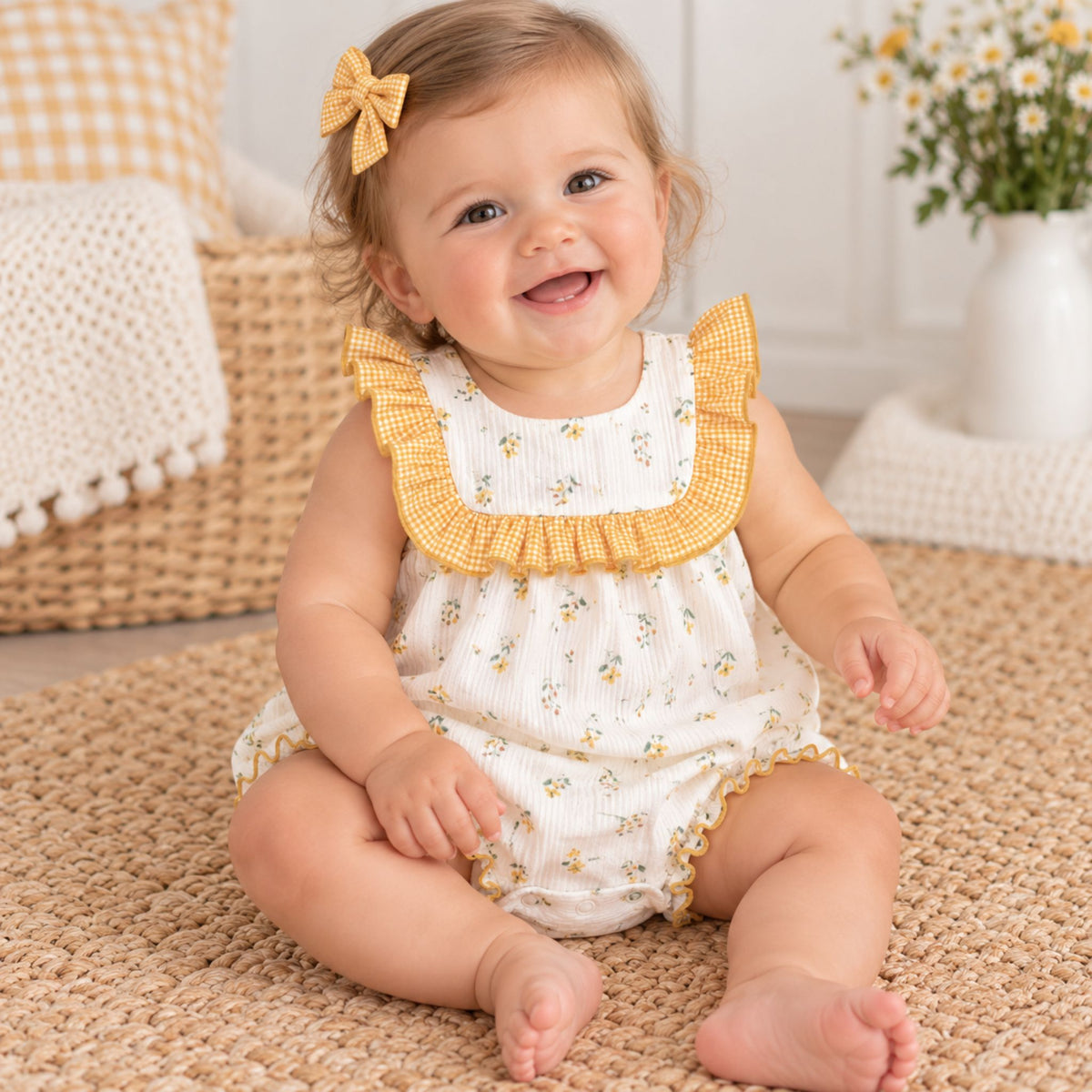 A smiling baby girl sitting on a woven rug, wearing a white sleeveless romper with yellow gingham ruffle trim and a small yellow floral print, along with a matching yellow bow in her hair.