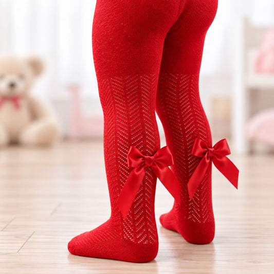 Baby Girls Red Tights With Satin Bow
