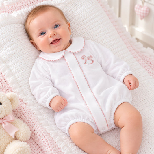 Dandelion baby girls white velour romper with pink piping and embroidered rocking horse