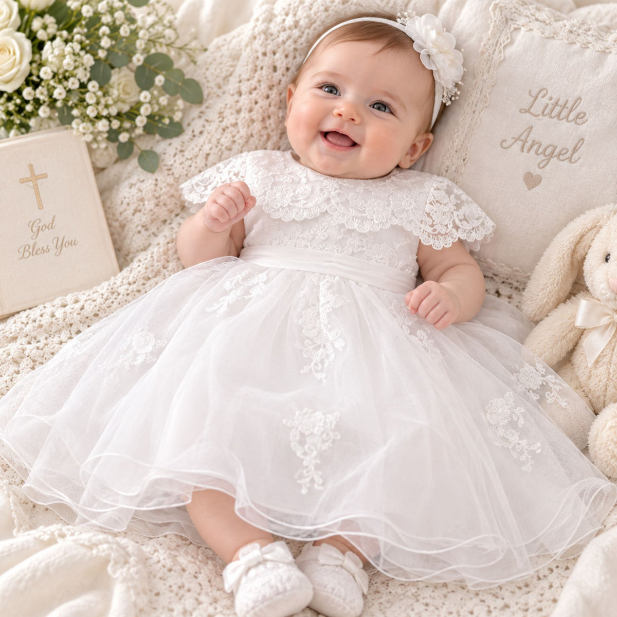A baby wearing a white lace and tulle first communion dress with a matching floral headband, lying on a cozy cream knit blanket with a plush bunny, flowers, and a 'Little Angel' pillow.