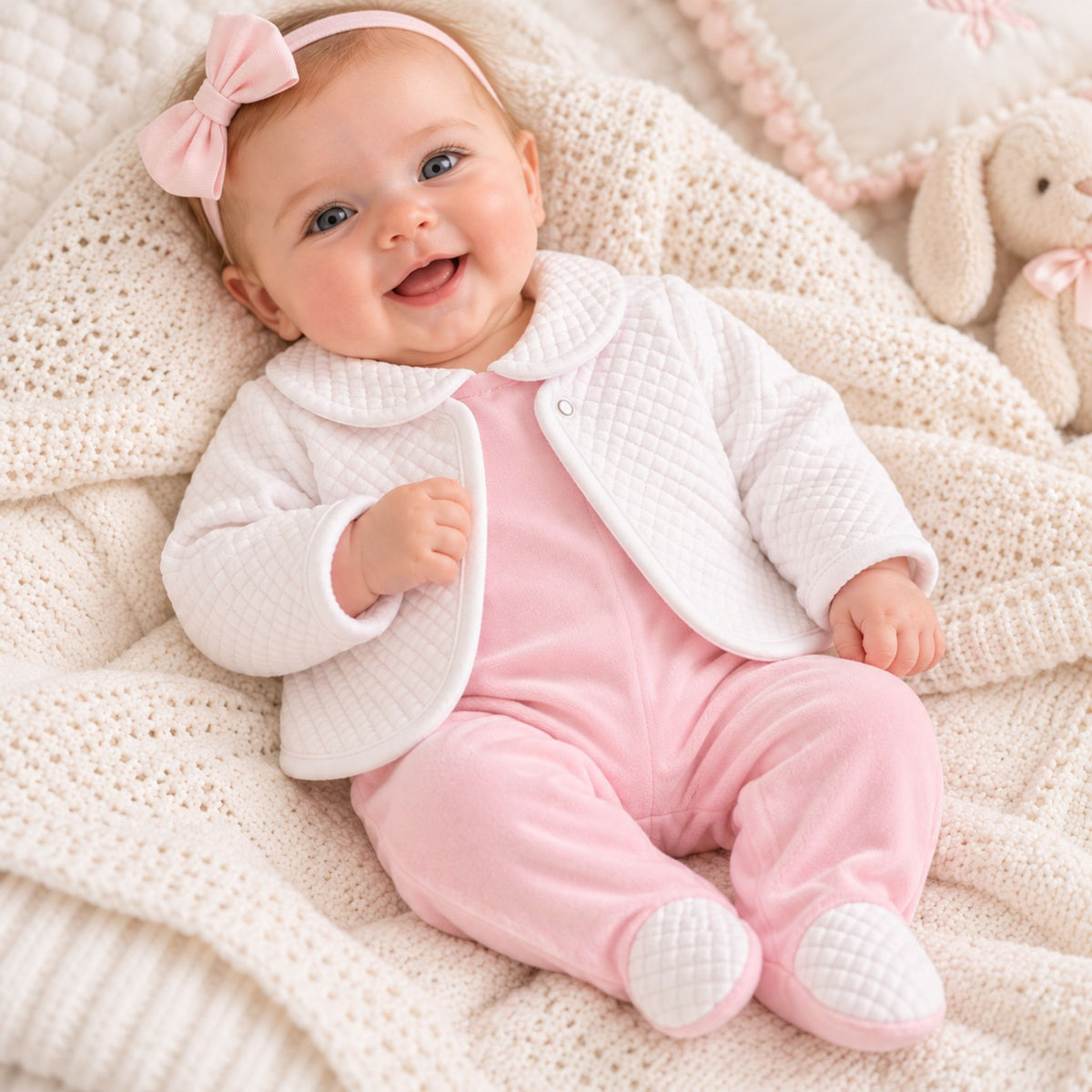 A smiling baby lying on a cream knit blanket, wearing a white quilted cardigan over a pink footed romper, with a pink bow headband and a plush bunny toy nearby.