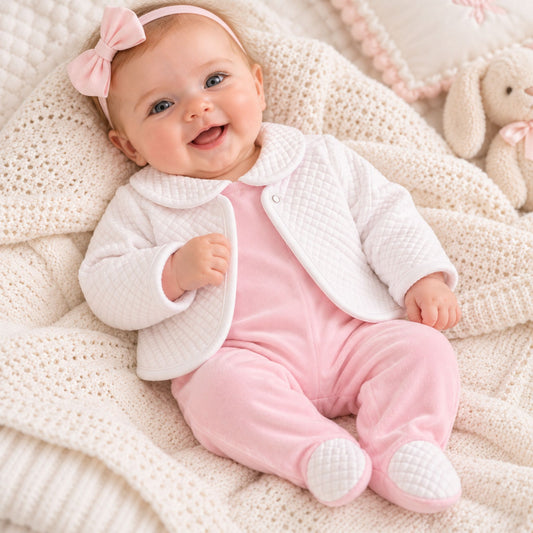 A smiling baby lying on a cream knit blanket, wearing a white quilted cardigan over a pink footed romper, with a pink bow headband and a plush bunny toy nearby.