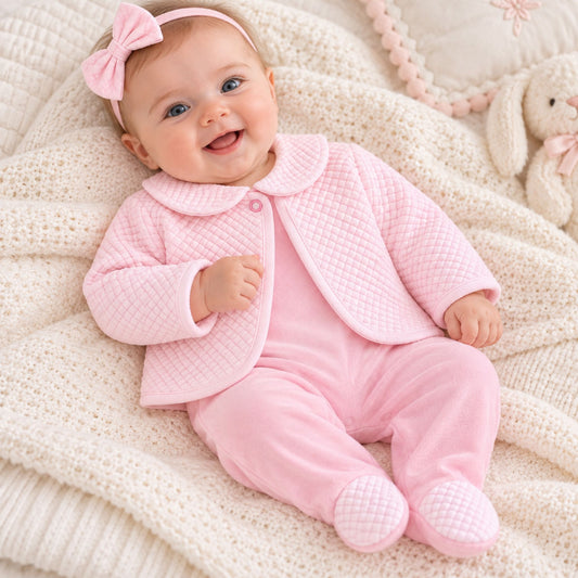 Baby Girls Pink Velour Babygrow & Quilted Jacket 2 Piece Set – Made in Portugal