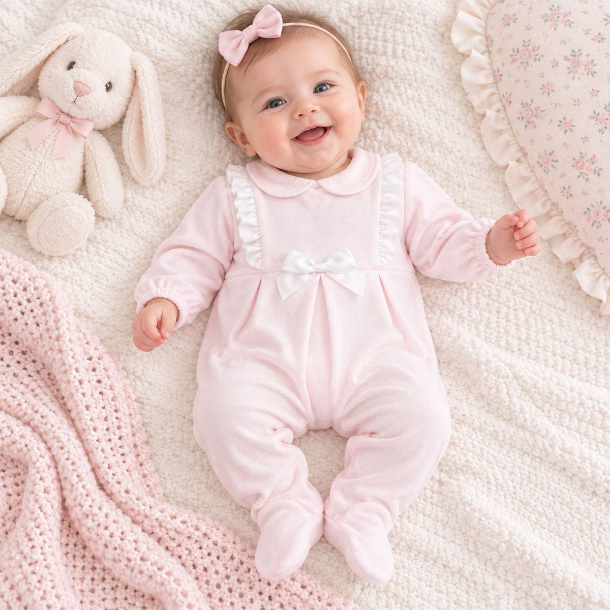 A smiling baby lying on a textured cream blanket, wearing a light pink footed jumpsuit with white ruffle trim and a white bow, along with a matching pink bow headband. A cream stuffed bunny and a pink knitted throw blanket are beside the baby.
