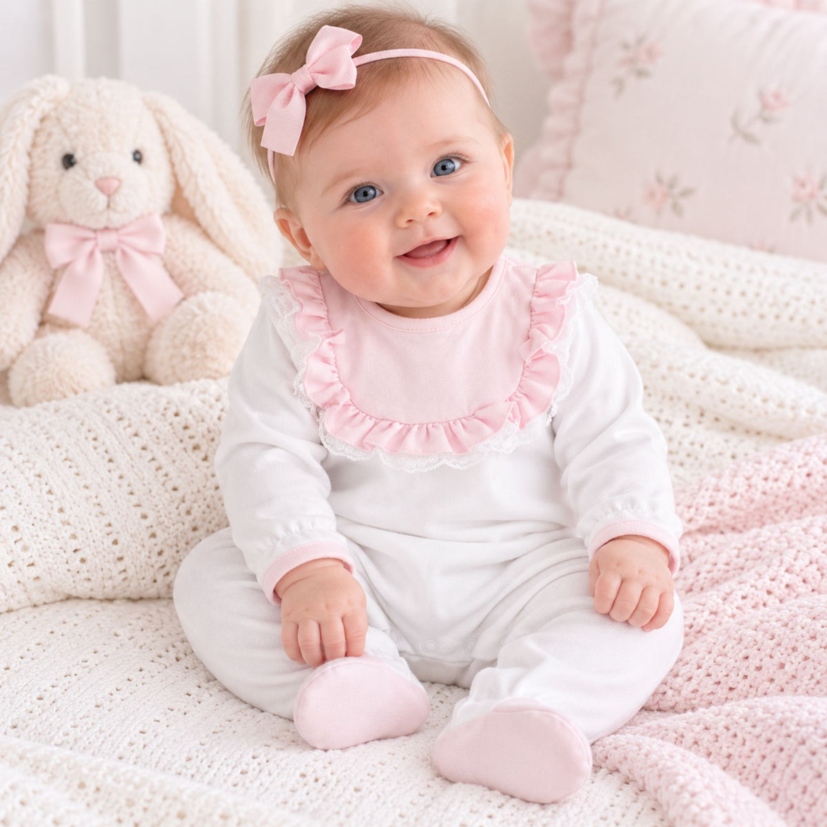 A baby sitting on a soft cream knit blanket, wearing a white long-sleeve footed romper with a pink ruffled collar and matching pink booties. The baby has a pink bow headband and is posed next to a plush cream bunny toy.