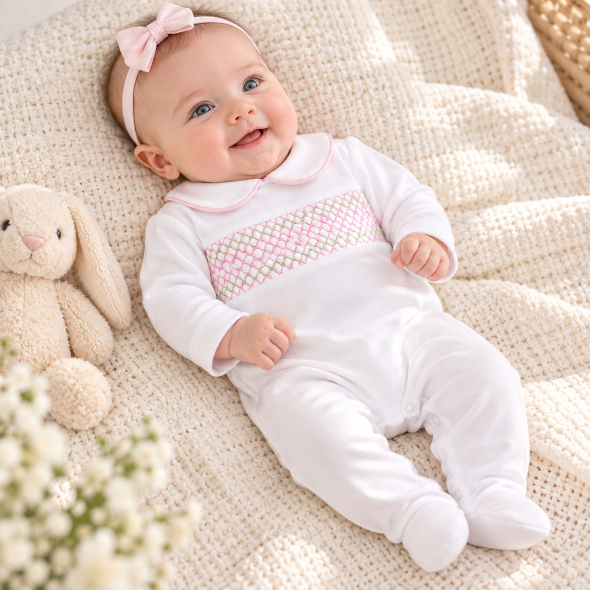 baby girl white sleepsuit with pink smocking