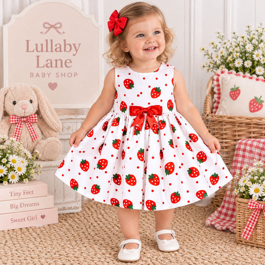 A toddler girl stands in a styled nursery setting wearing a white sleeveless dress with a red bow and red strawberry print. The background includes a bunny toy, flowers, baskets, and a sign reading 'Lullaby Lane Baby Shop'.