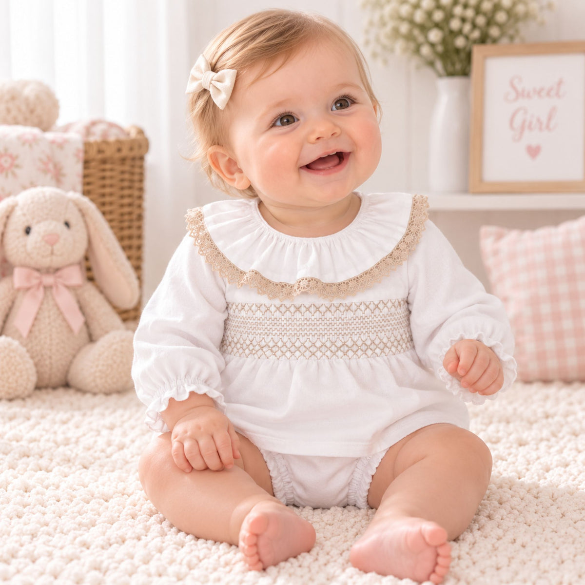 baby girl 2 piece white beige outfit with frill collar