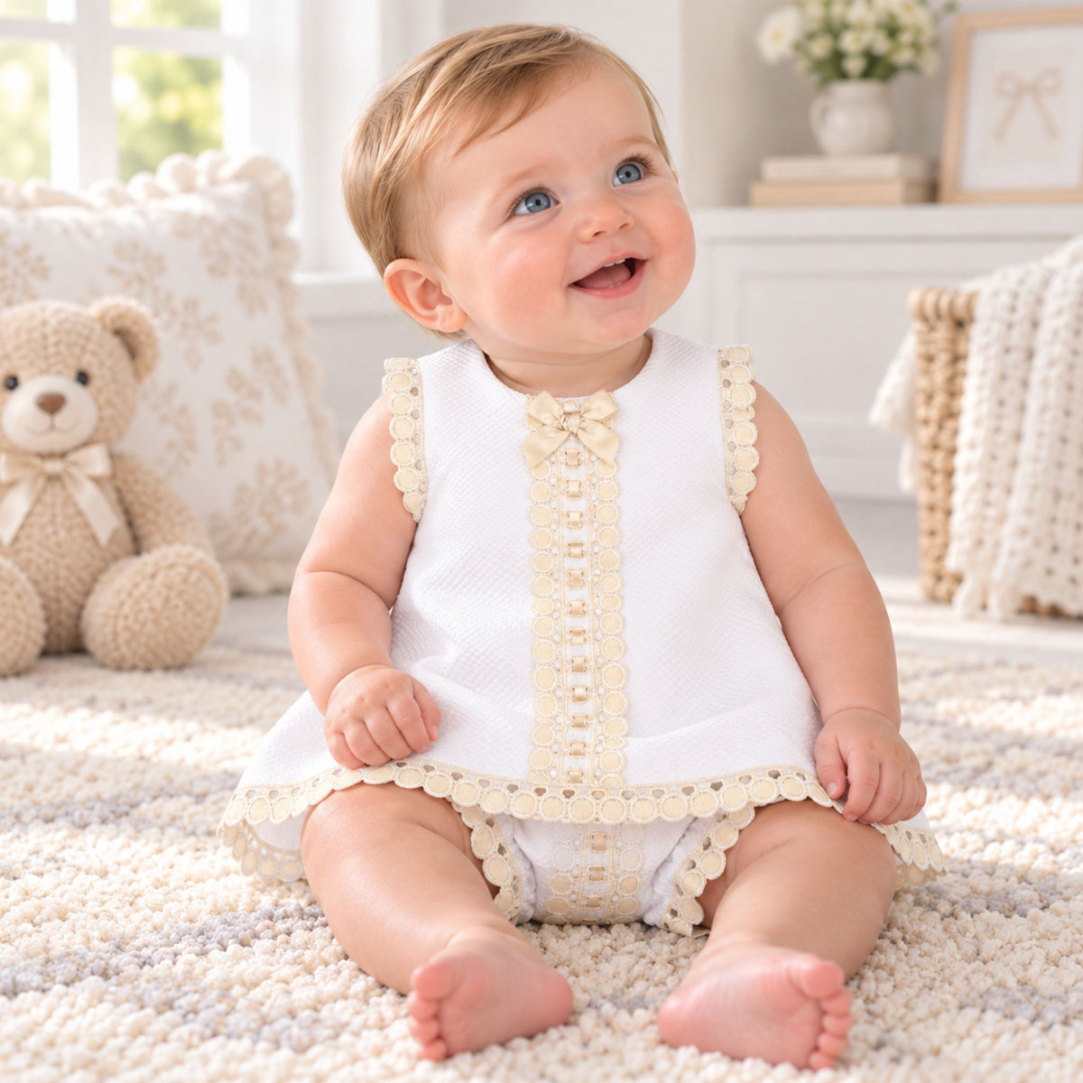 baby girl in white beige dress with bloomers