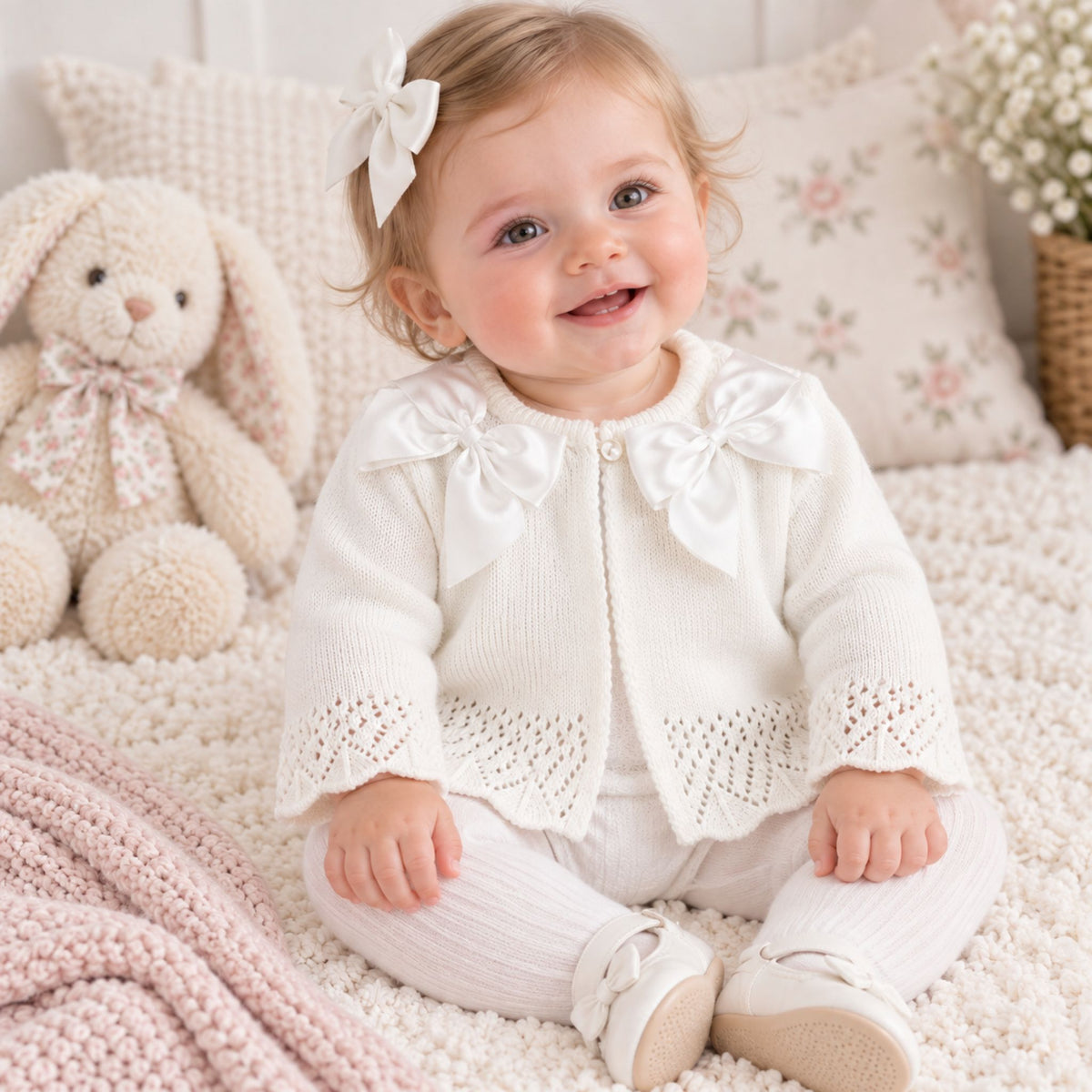 A baby girl sitting on a soft cream blanket, wearing a white knit cardigan with large bow details, matching white tights, and white shoes. She has a white bow headband and is posed next to a plush bunny toy and floral pillows.