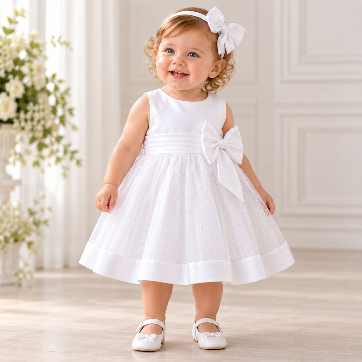 A toddler girl wearing a sleeveless white dress with a large bow at the waist and a matching white bow headband, standing in a bright indoor room with floral decor.