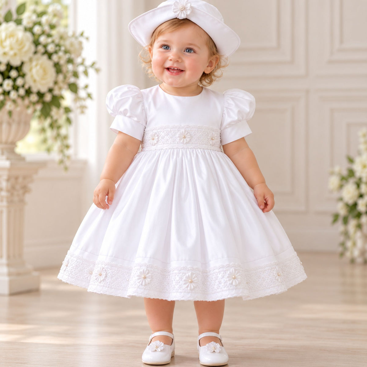 A toddler girl wearing a white first communion dress with puffed sleeves, a lace embroidered waistband, and a matching white hat, standing in a bright, elegant room with floral arrangements.