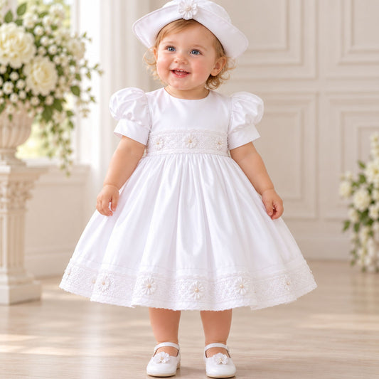 A toddler girl wearing a white first communion dress with puffed sleeves, a lace embroidered waistband, and a matching white hat, standing in a bright, elegant room with floral arrangements.