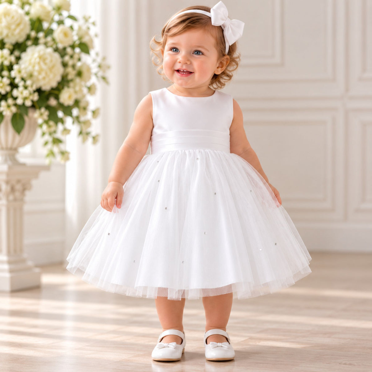 A toddler girl wearing a sleeveless white tulle dress with a fitted bodice and a full skirt, accessorized with a white bow headband and white shoes, standing in a bright indoor room with a floral arrangement in the background.
