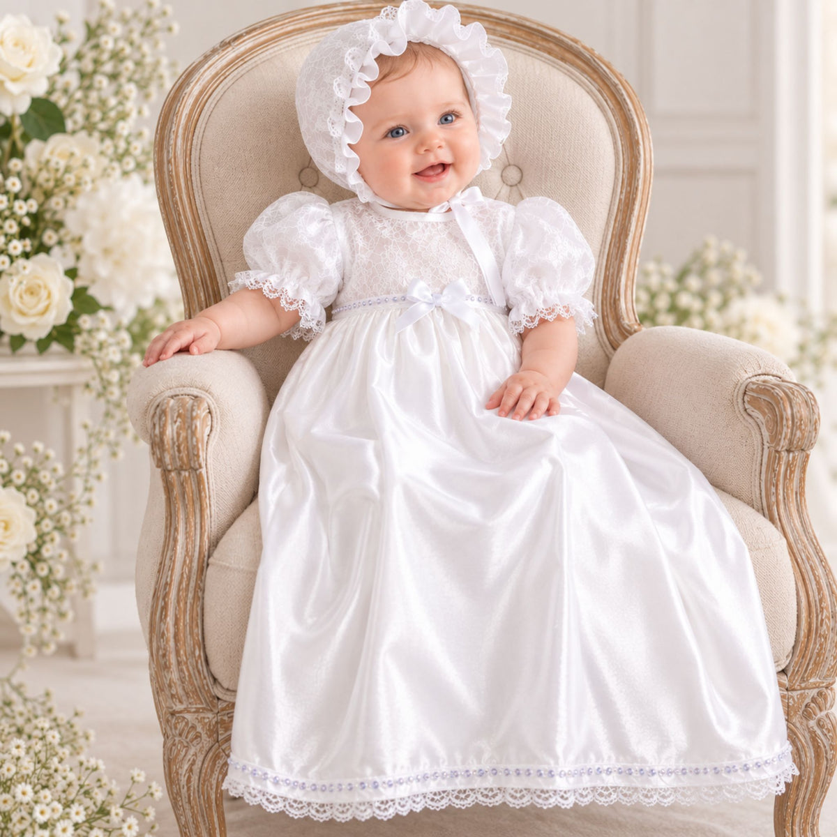 A baby wearing a white satin first christening gown with a matching ruffled bonnet, sitting in a vintage upholstered armchair surrounded by white flowers.