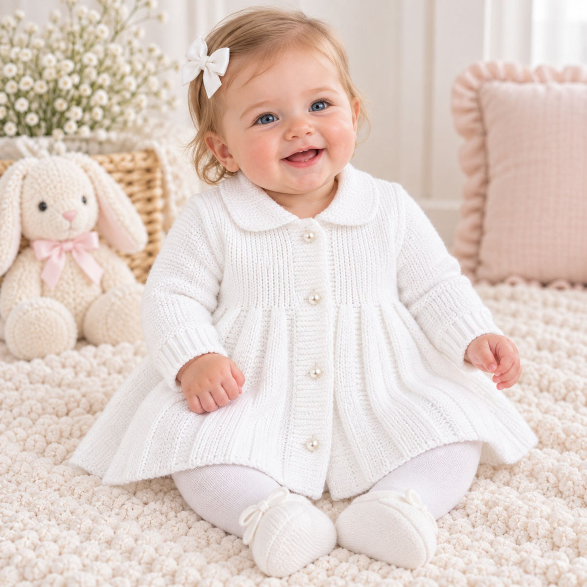 A baby girl sitting on a fluffy cream knit rug, wearing a white long-sleeve cable-knit cardigan dress with pearl buttons, white tights, and white booties. She has a white bow in her hair.