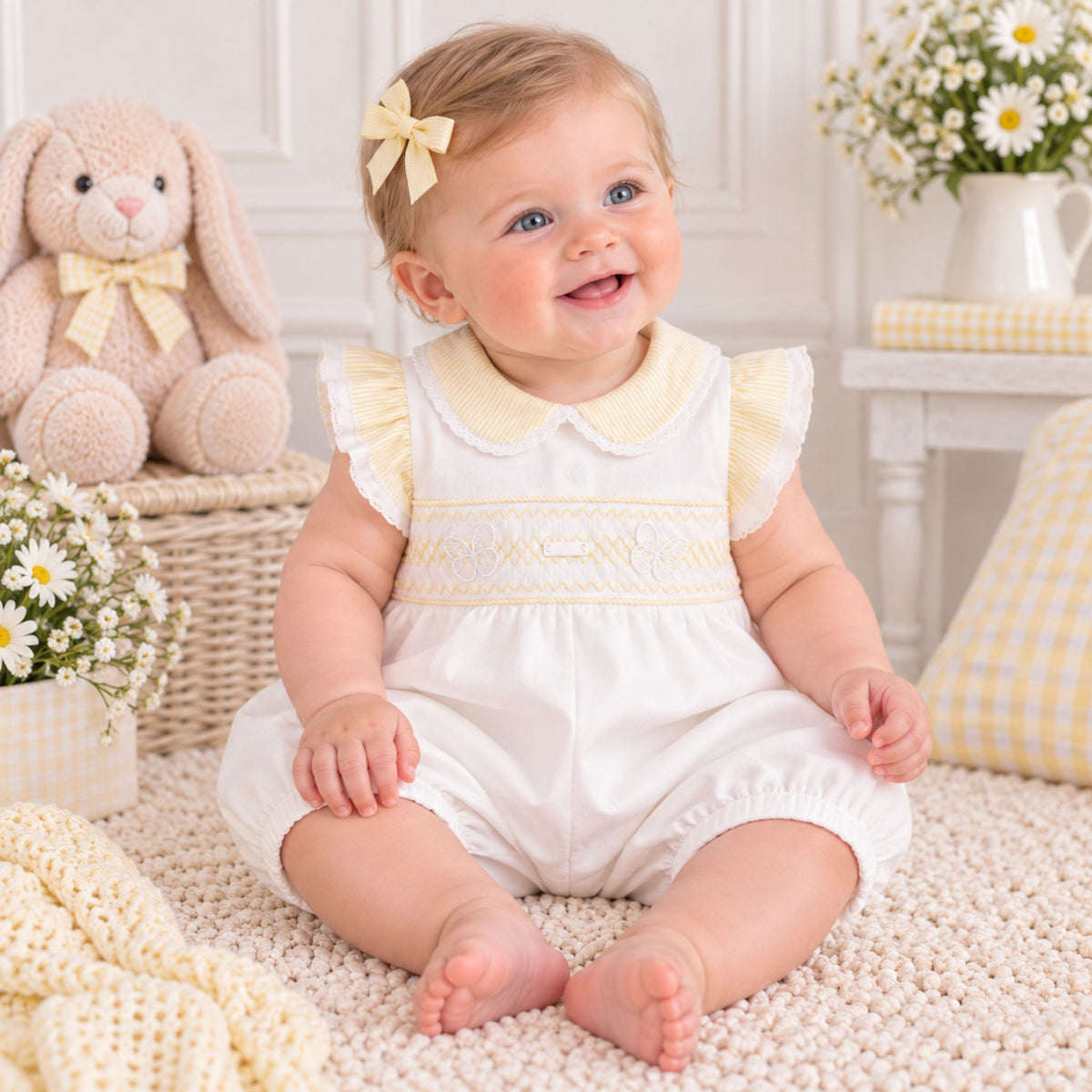 Amore Baby Girls White & Yellow Butterfly Romper with Stripe Collar