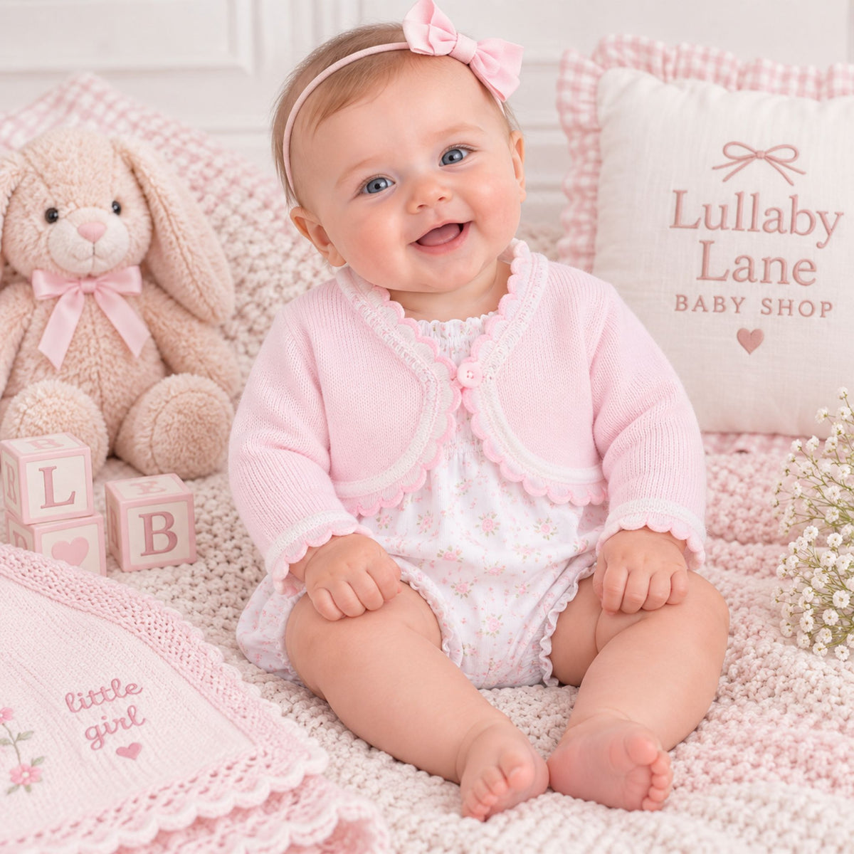 A smiling baby girl sitting on a cream knit blanket, wearing a light pink long-sleeve cardigan over a white floral bodysuit, with a matching pink bow headband. The scene is styled with a plush bunny toy, wooden blocks, a decorative pillow reading 'Lullaby Lane Baby Shop', and a knitted blanket.