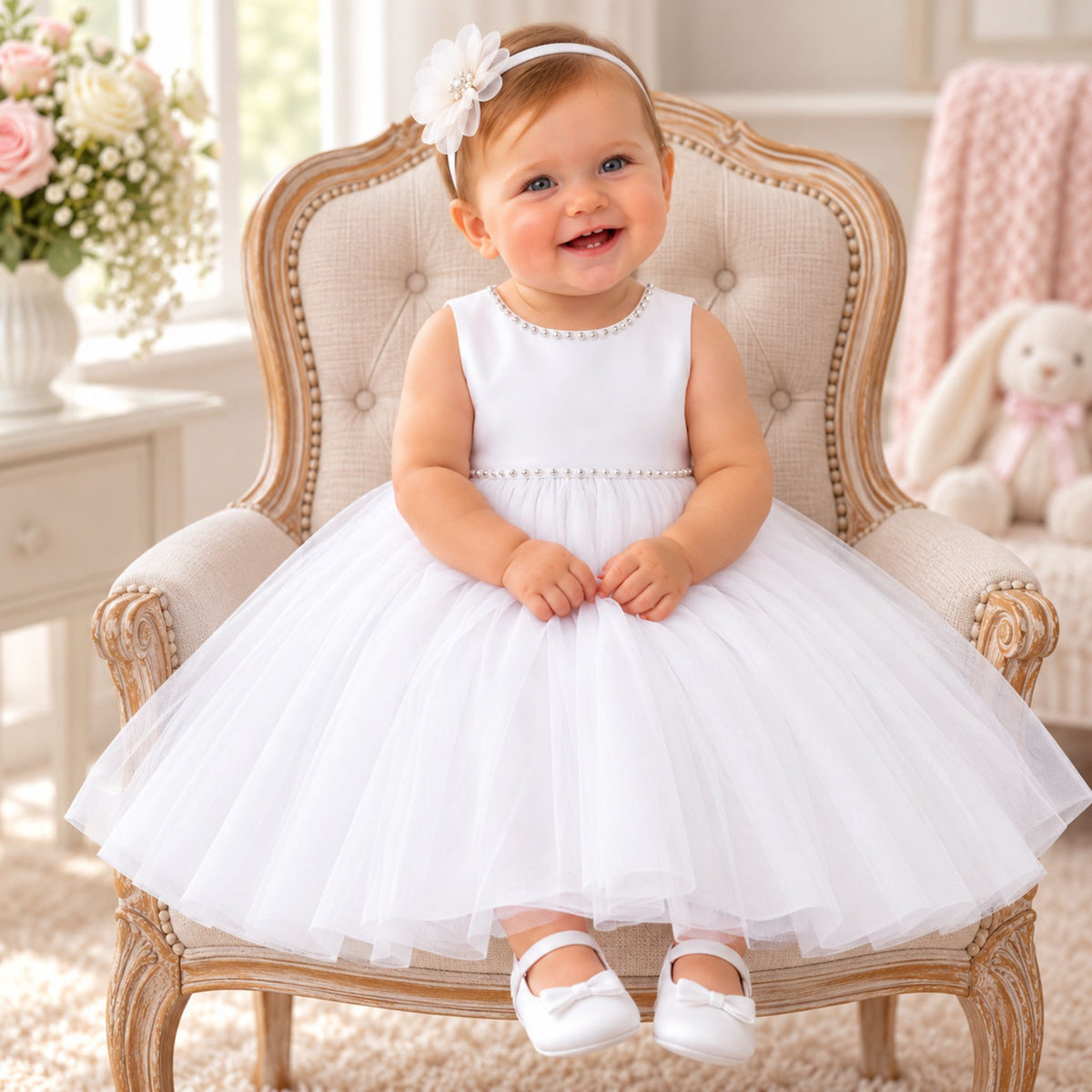 A smiling toddler girl wearing a sleeveless white tulle dress with a pearl-trimmed bodice, white shoes, and a white flower headband, seated in an ornate cream upholstered armchair in a bright nursery.